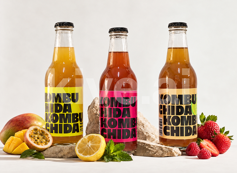 Tres botellas de Kombuchida con frutas