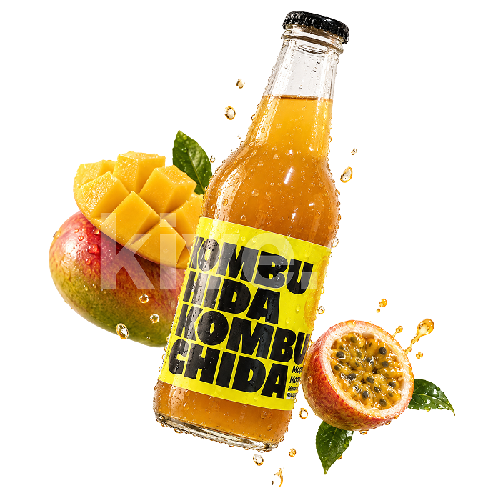 Botella de Kombuchida Mango-Maracuyá con mango y maracuyá